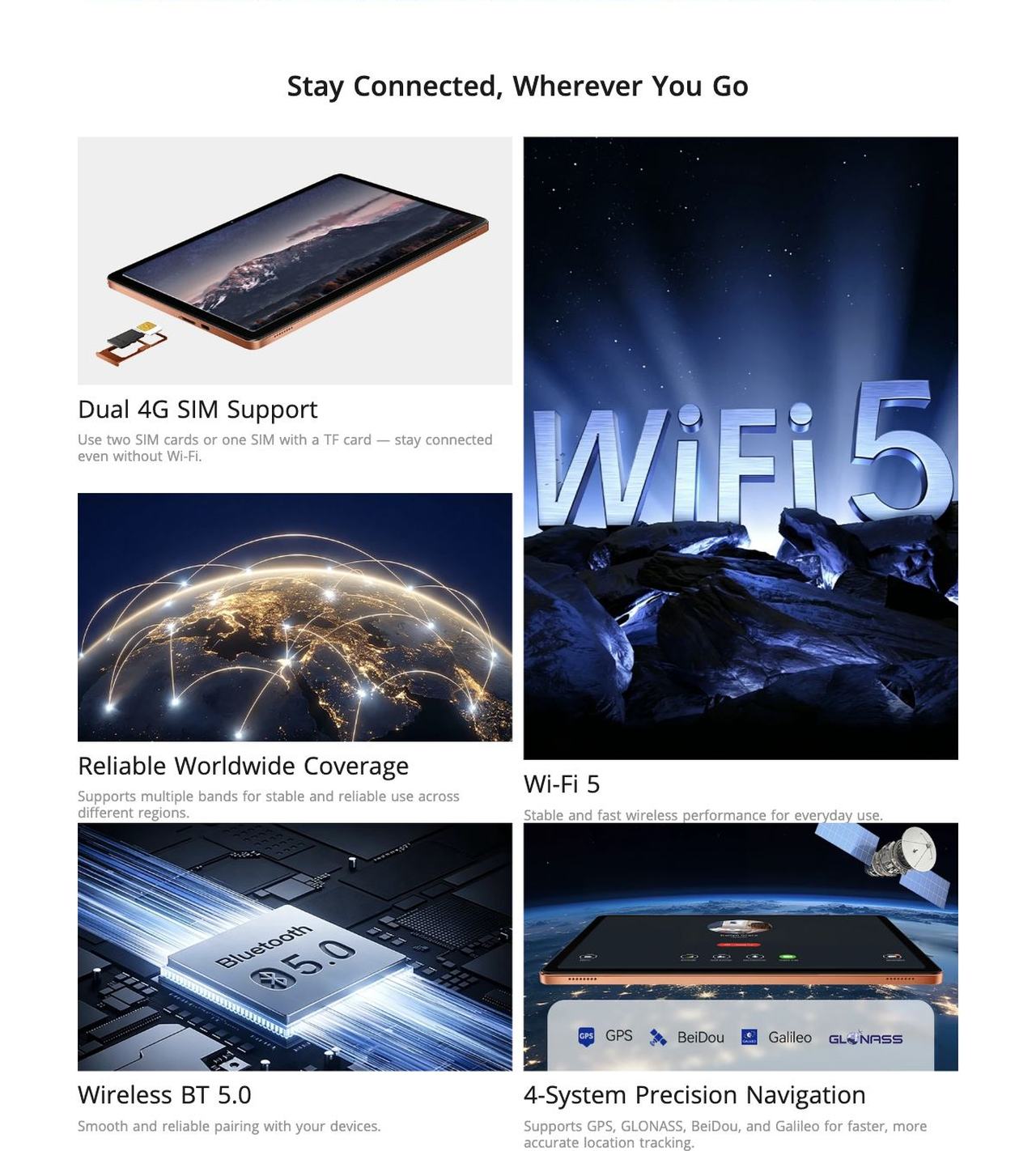 Stay Connected, Wherever You Go
Dual 4G SIM Support
Use two SIM cards or one SIM with a TF card — stay connected even without Wi-Fi.
Reliable Worldwide Coverage
Supports multip