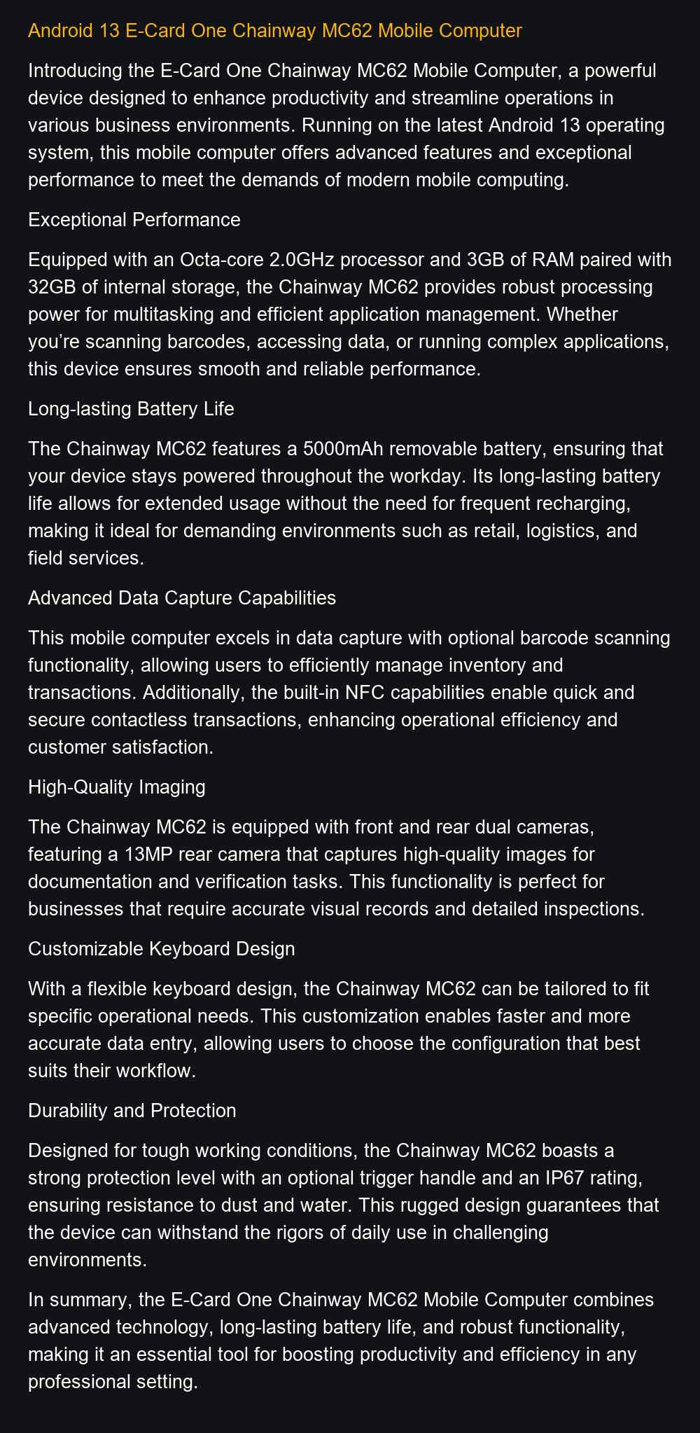 Chainway MC62 feature details 1