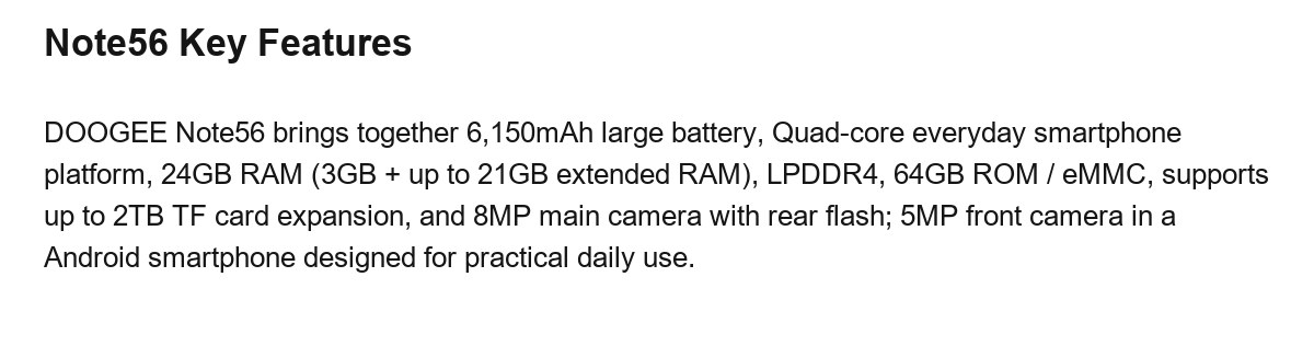 DOOGEE Note56 product features 8