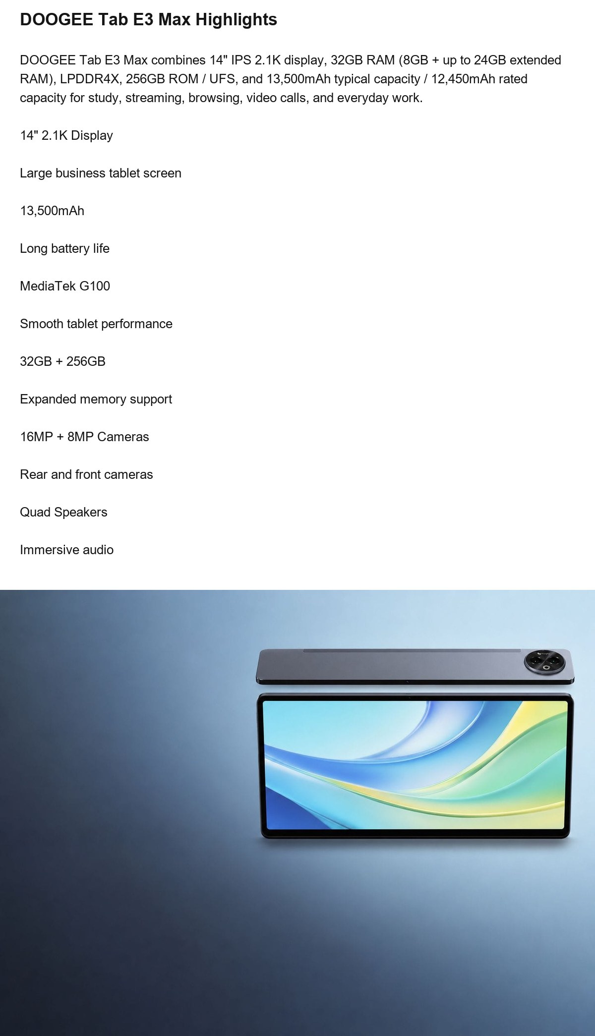 DOOGEE Tab E3 Max product features 2