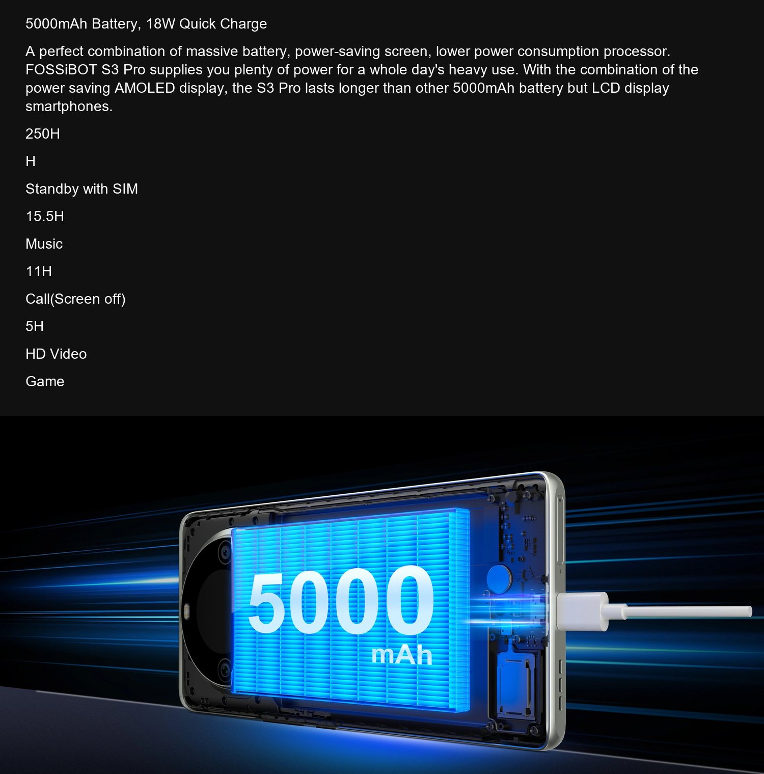 FOSSiBOT S3 Pro 5000mAh Battery, 18W Quick Charge