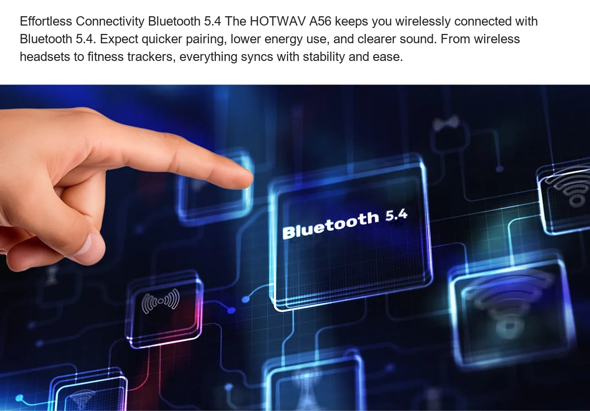 Effortless Connectivity Bluetooth 5.4 The HOTWAV A56 keeps you wirelessly connected with Bluetooth 5.4. Expect quicker pairing, lo - view 24