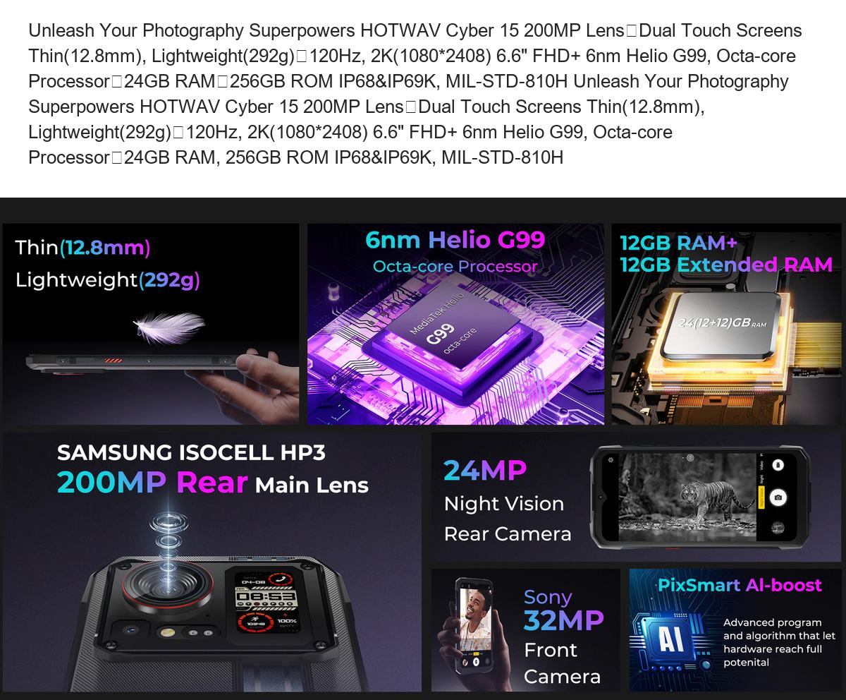 Unleash Your Photography Superpowers HOTWAV Cyber 15 200MP Lens丨Dual Touch Screens Thin(12.8mm), Lightweight(292g)丨120Hz, 2K(1080* - view 12
