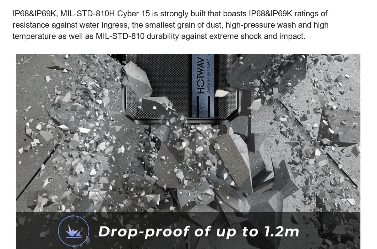 IP68&IP69K, MIL-STD-810H Cyber 15 is strongly built that boasts IP68&IP69K ratings of resistance against water ingress, the smalle - view 84