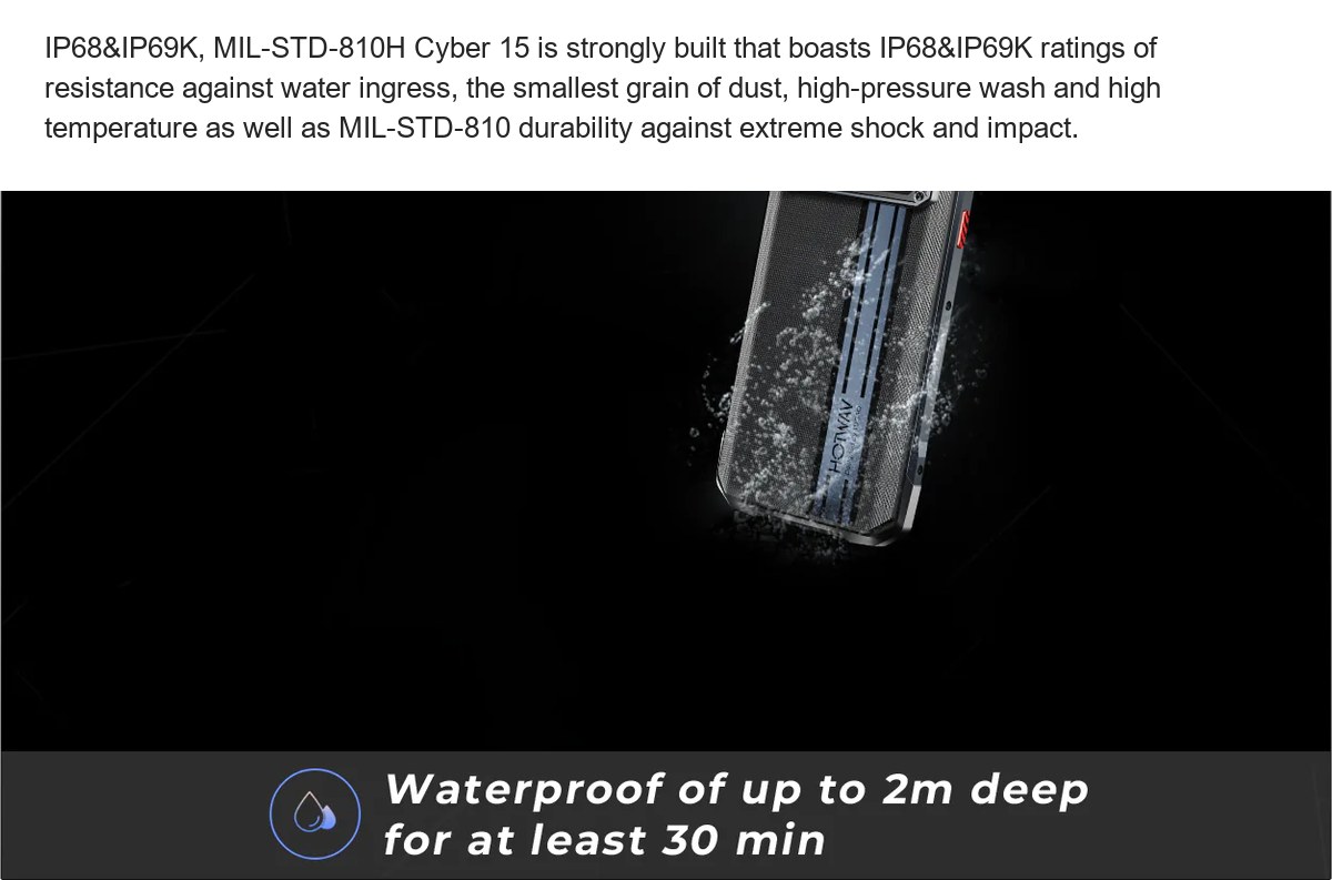 IP68&IP69K, MIL-STD-810H Cyber 15 is strongly built that boasts IP68&IP69K ratings of resistance against water ingress, the smalle - view 86