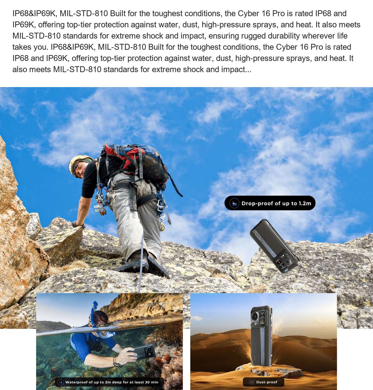 IP68&IP69K, MIL-STD-810 Built for the toughest conditions, the Cyber 16 Pro is rated IP68 and IP69K, offering top-tier protection - view 60