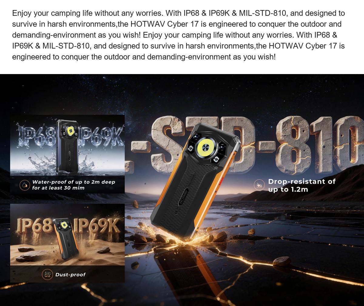 Enjoy your camping life without any worries. With IP68 & IP69K & MIL-STD-810, and designed to survive in harsh environments,the HO - view 20
