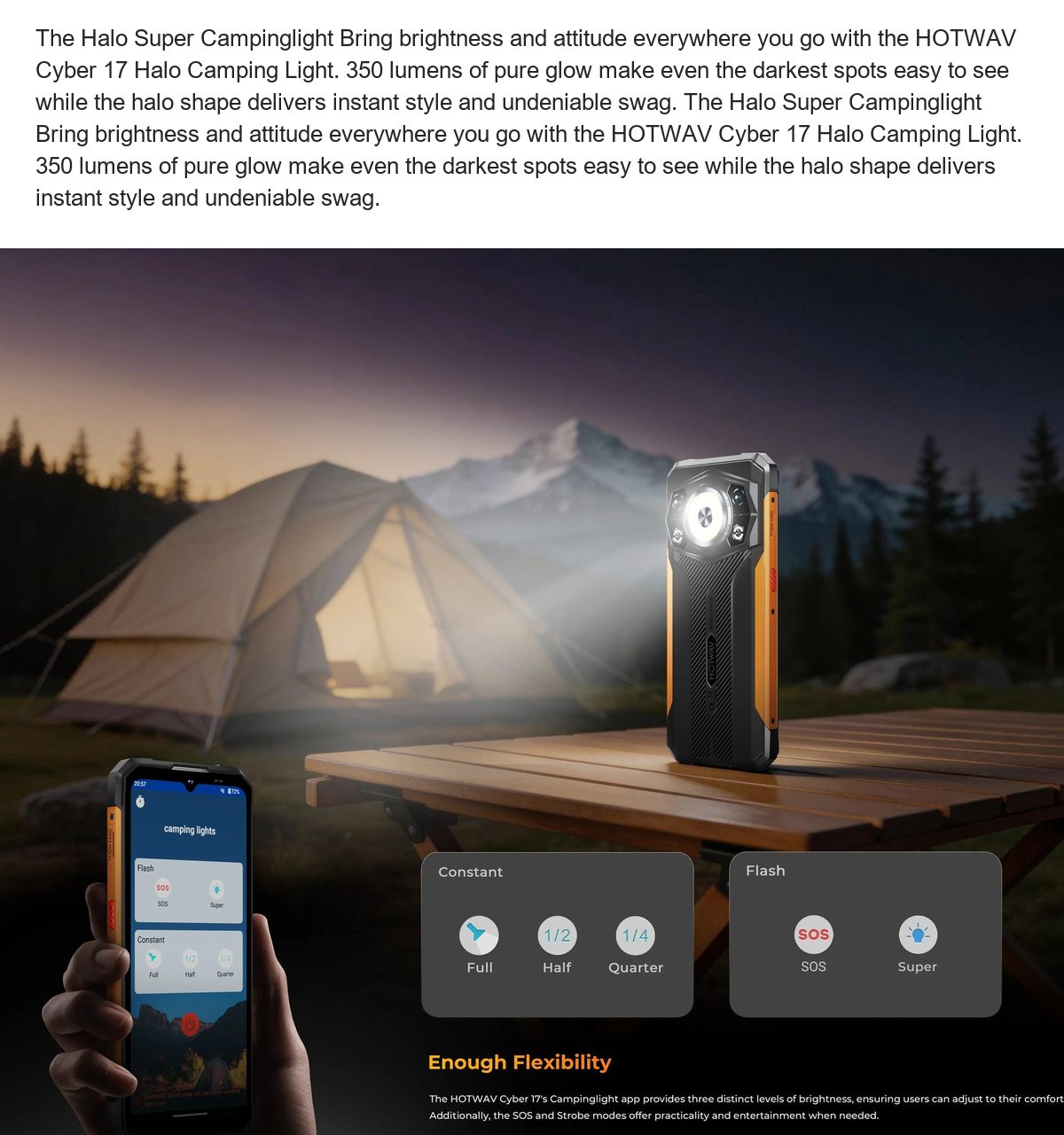 Enjoy your camping life without any worries. With IP68 & IP69K & MIL-STD-810, and designed to survive in harsh environments,the HO - view 21