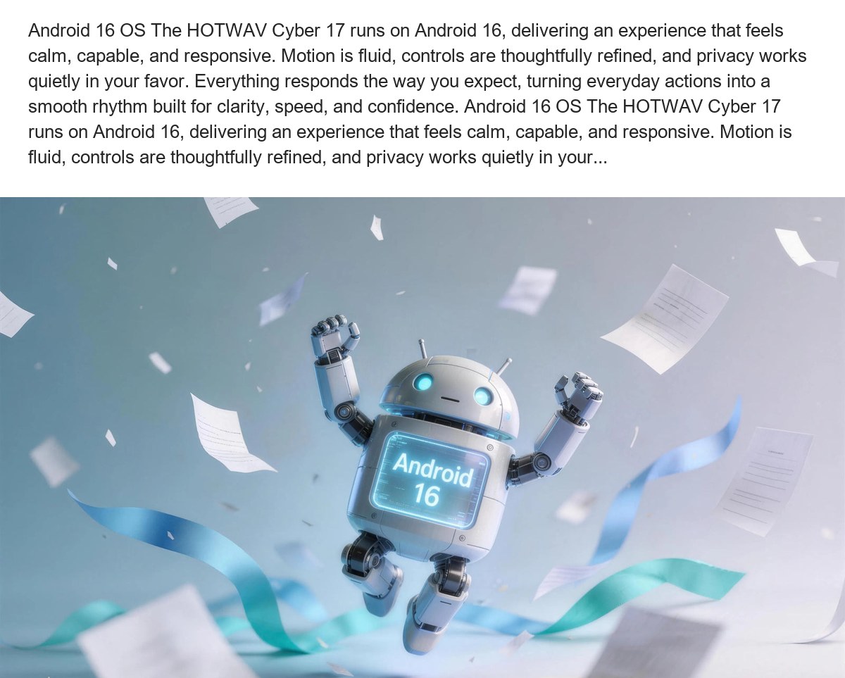 Android 16 OS The HOTWAV Cyber 17 runs on Android 16, delivering an experience that feels calm, capable, and responsive. Motion is - view 53