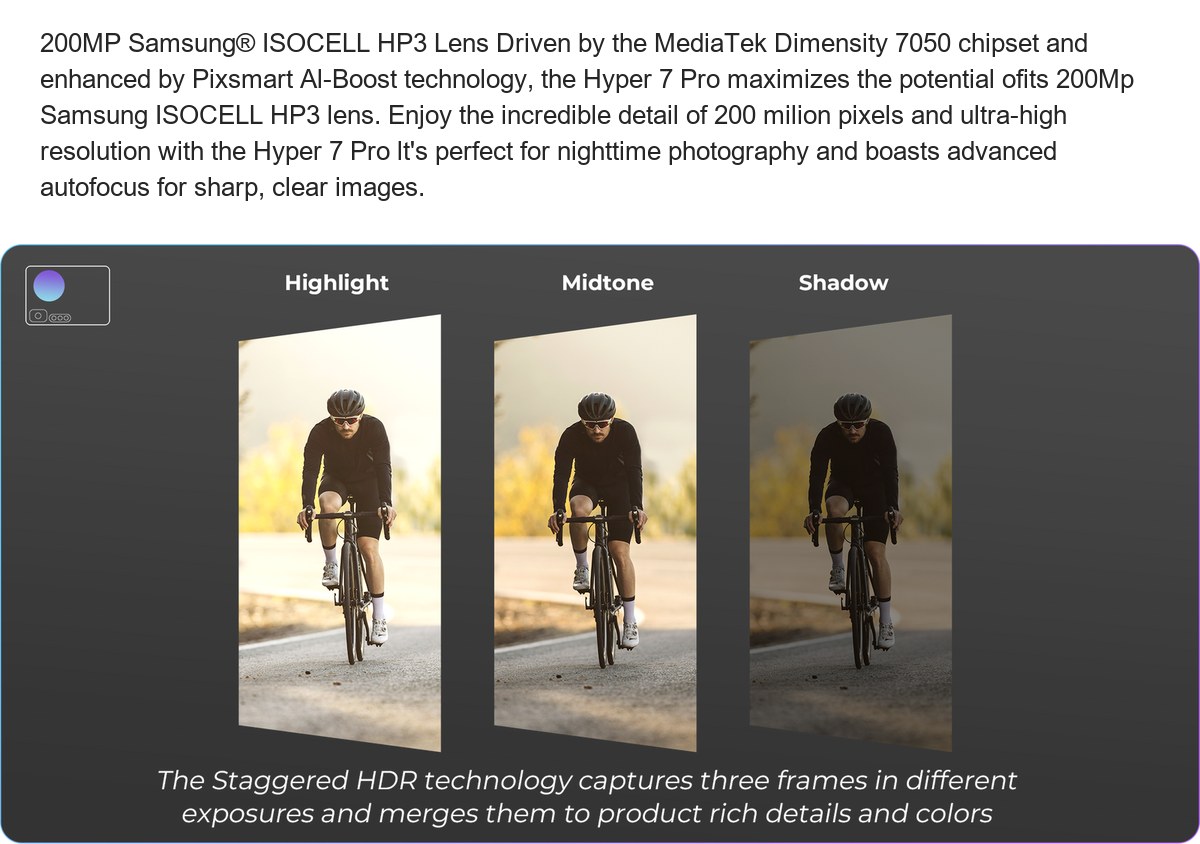 200MP Samsung® ISOCELL HP3 Lens Driven by the MediaTek Dimensity 7050 chipset and enhanced by Pixsmart Al-Boost technology, the Hy - view 95