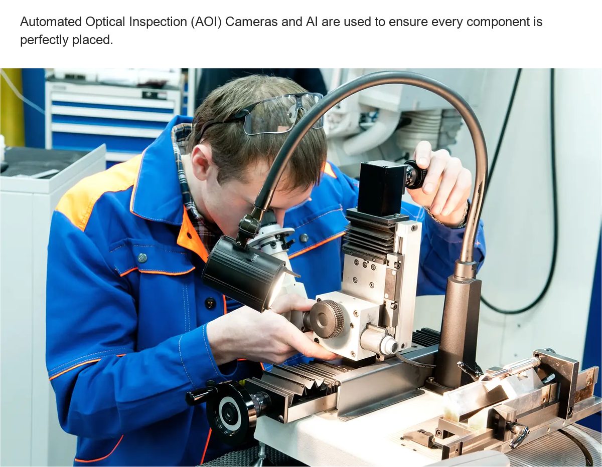 Automated Optical Inspection (AOI) Cameras and AI are used to ensure every component is perfectly placed. Hybrid Assembly Lines Ro - view 38