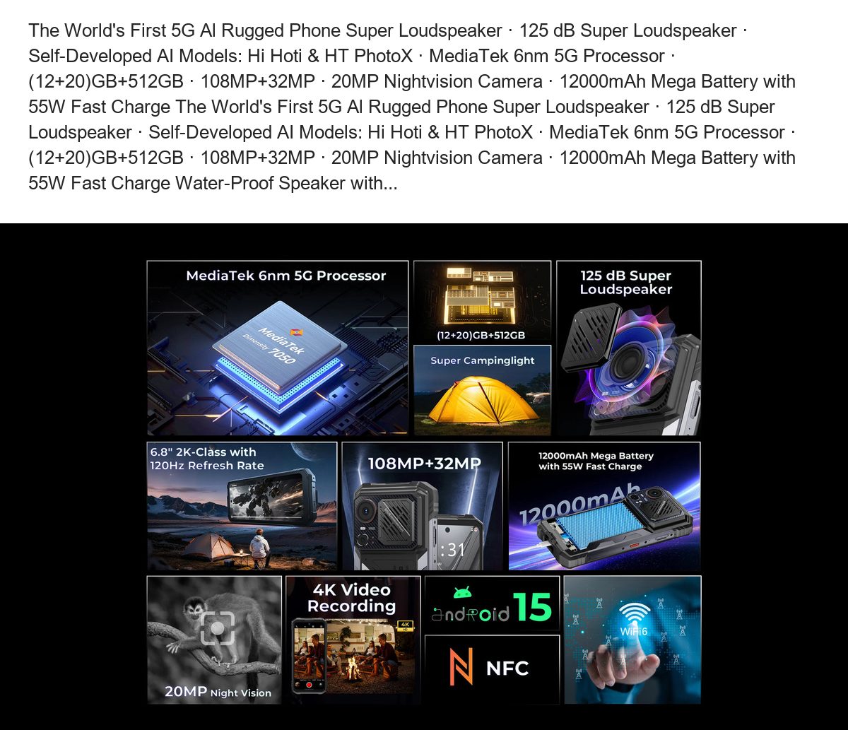 The World's First 5G Al Rugged Phone Super Loudspeaker · 125 dB Super Loudspeaker · Self-Developed AI Models: Hi Hoti & HT PhotoX - view 12