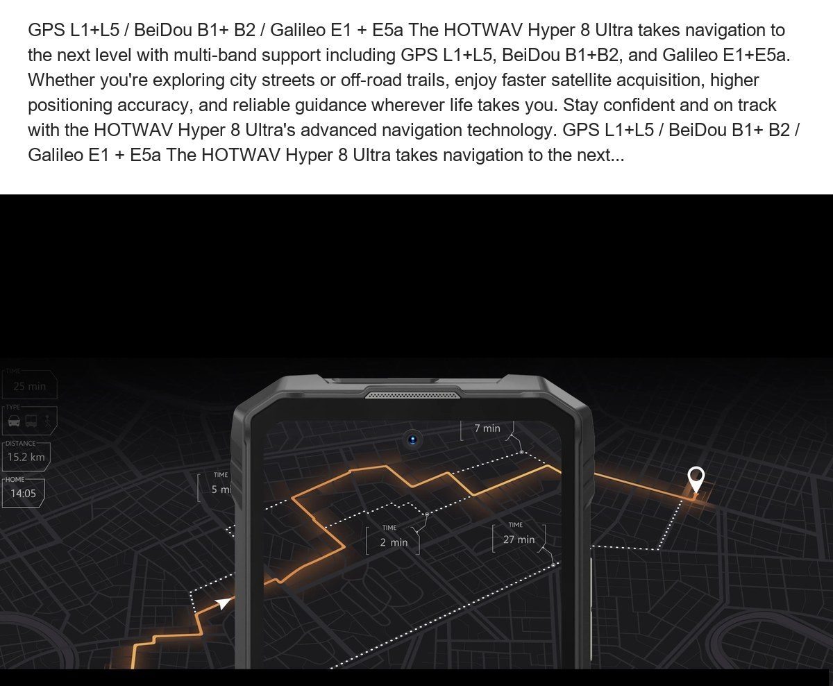 GPS L1+L5 / BeiDou B1+ B2 / Galileo E1 + E5a The HOTWAV Hyper 8 Ultra takes navigation to the next level with multi-band support i - view 39