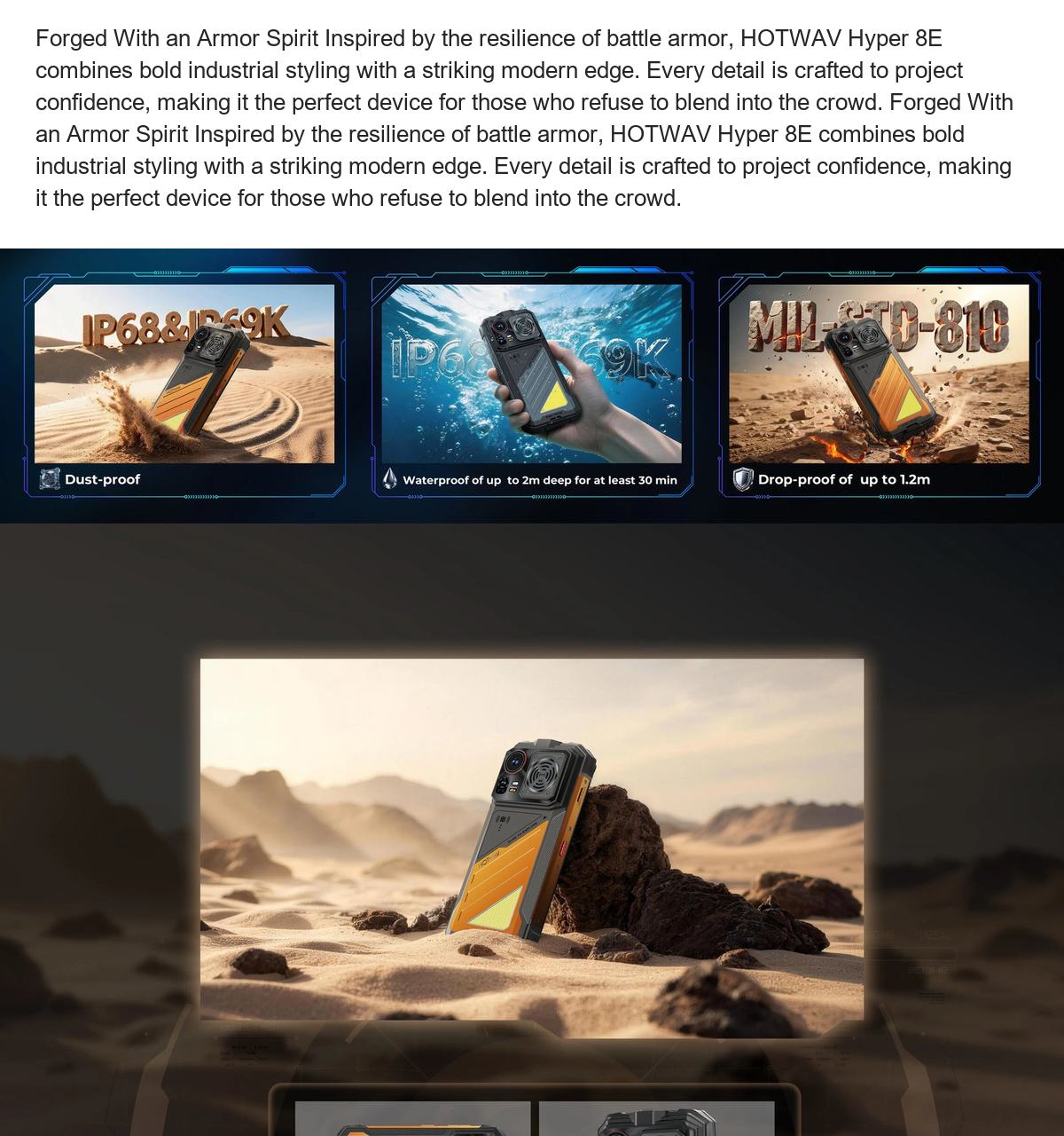 Built to Endure With IP68 & IP69K& MIL-STD-810, and designed to survive inharsh environments, HOTWAV Hyper 8E is engineered to con - view 5