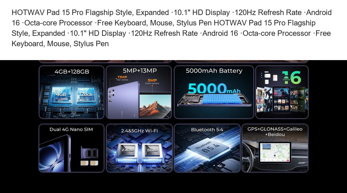 HOTWAV Pad 15 Pro Flagship Style, Expanded ·10.1" HD Display ·120Hz Refresh Rate ·Android 16 ·Octa-core Processor ·Free Keyboard, - view 3