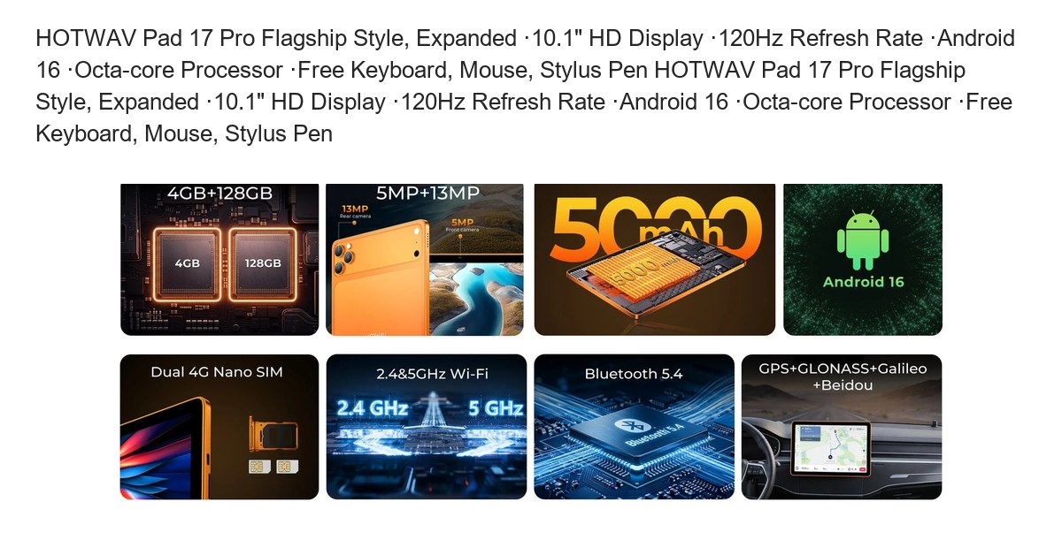 HOTWAV Pad 17 Pro Flagship Style, Expanded ·10.1" HD Display ·120Hz Refresh Rate ·Android 16 ·Octa-core Processor ·Free Keyboard, - view 3