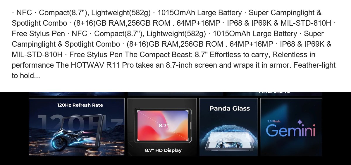 · NFC · Compact(8.7"), Lightweight(582g) · 1015OmAh Large Battery · Super Campinglight & Spotlight Combo · (8+16)GB RAM,256GB ROM - view 15