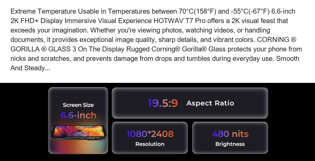 Extreme Temperature Usable in Temperatures between 70°C(158°F) and -55°C(-67°F) 6.6-inch 2K FHD+ Display Immersive Visual Experien - view 42