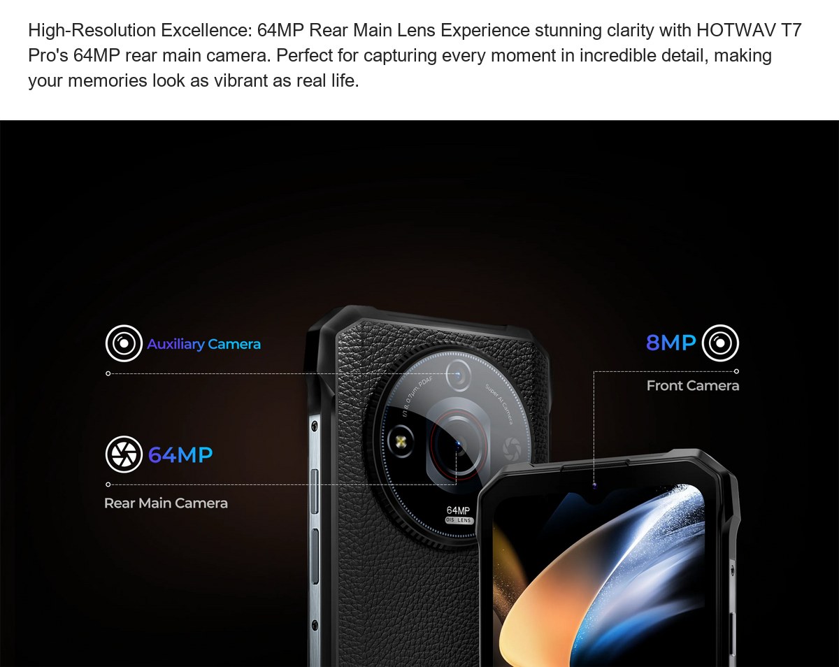 High-Resolution Excellence: 64MP Rear Main Lens Experience stunning clarity with HOTWAV T7 Pro's 64MP rear main camera. Perfect fo - view 48