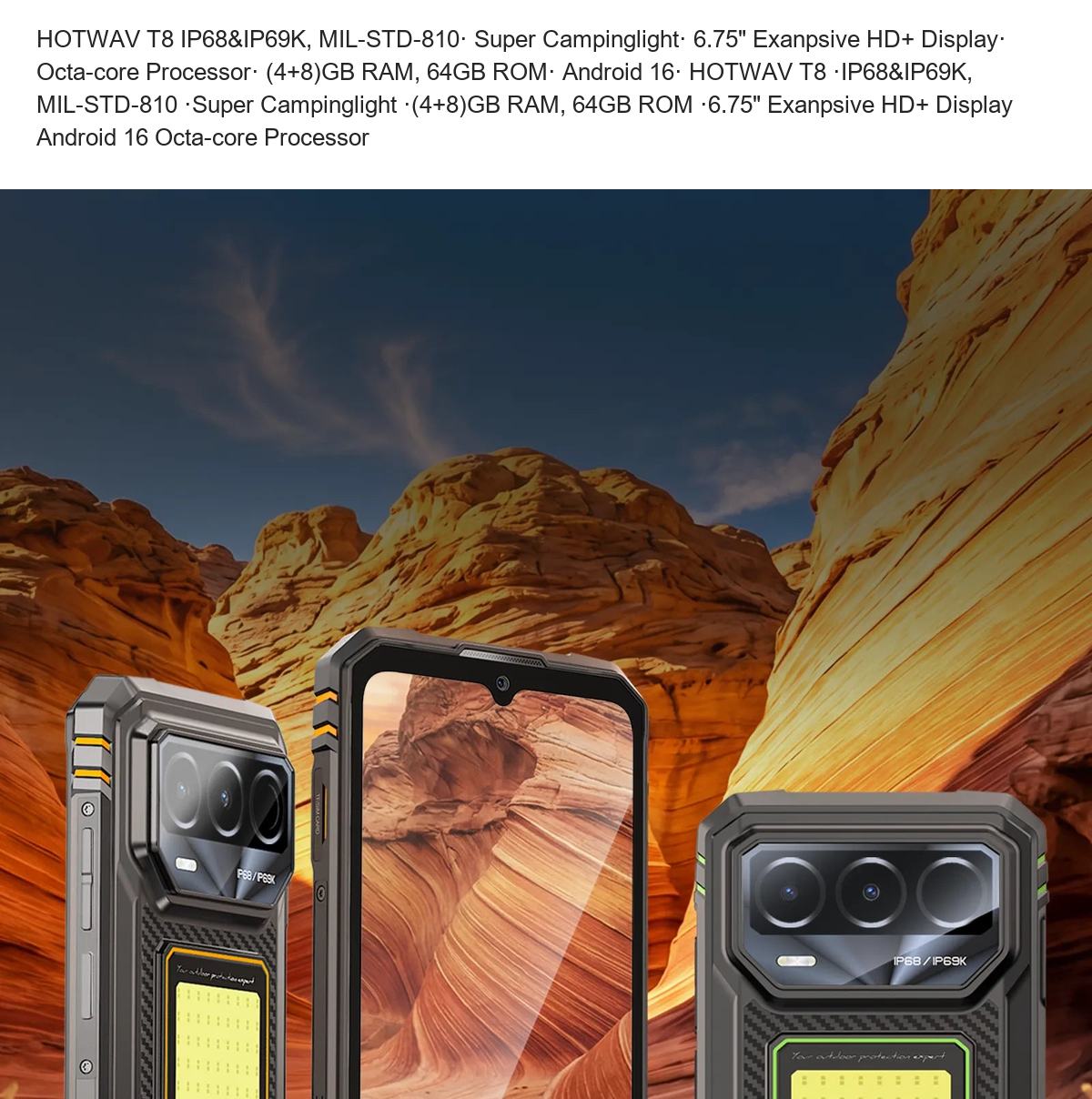 HOTWAV T8 IP68&IP69K, MIL-STD-810· Super Campinglight· 6.75" Exanpsive HD+ Display· Octa-core Processor· (4+8)GB RAM, 64GB ROM· An - view 2