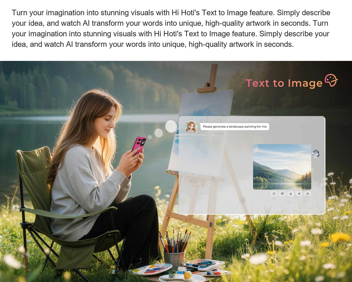 Turn your imagination into stunning visuals with Hi Hoti's Text to Image feature. Simply describe your idea, and watch AI transfor - view 18