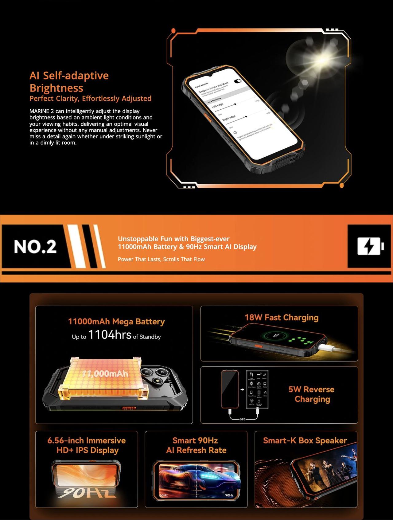OSCAL MARINE 2 More AI Magic, More Convenience
AI Smart
Power-saving Mode
Last Longer, Less Worry
With AI Smart Power-saving Mode, MARINE 2 can intelligently optimizes battery usage without co