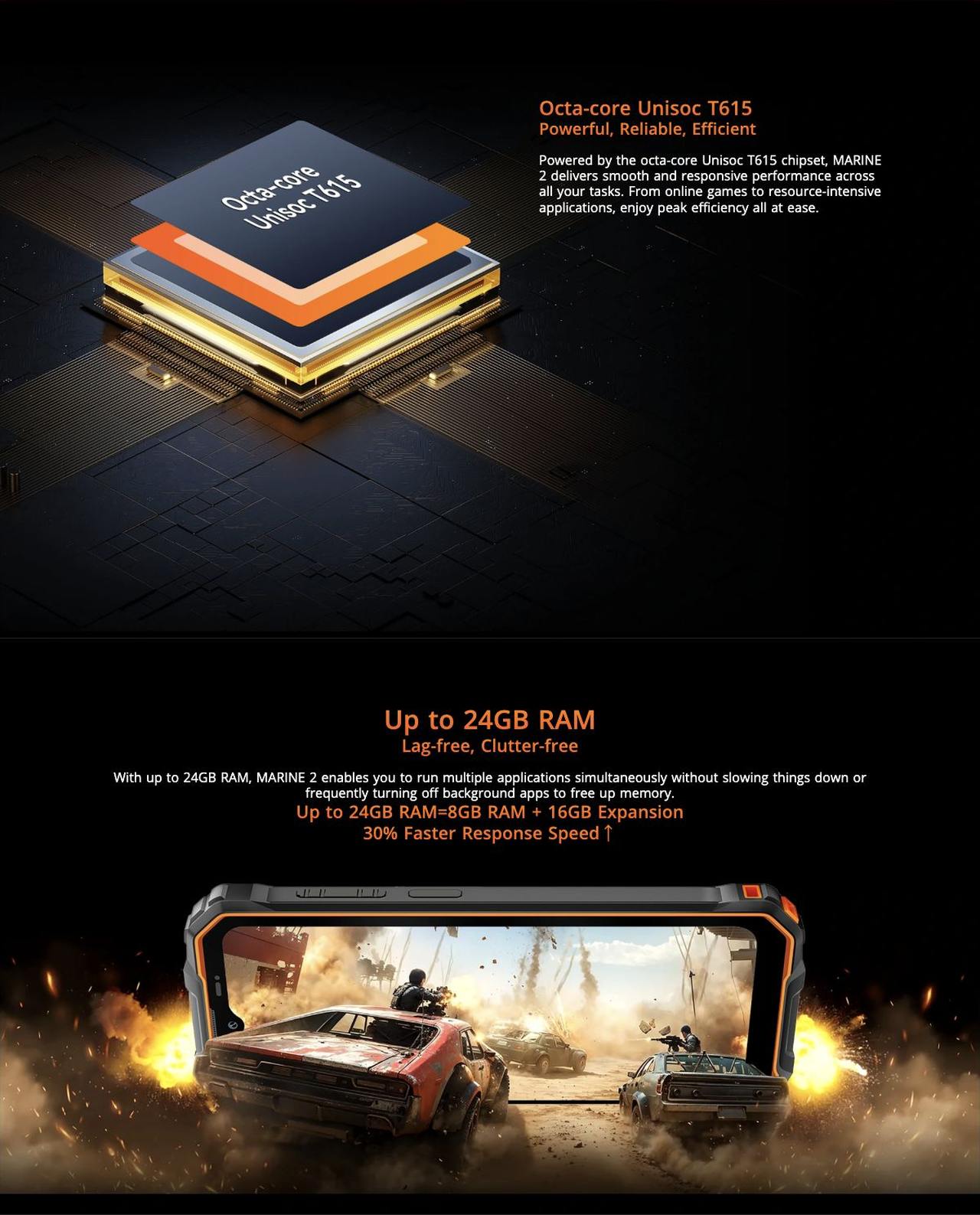 OSCAL MARINE 2 Octa-core Unisoc T615
Powerful, Reliable, Efficient
Powered by the octa-core Unisoc T615 chipset, MARINE 2 delivers smooth and responsive performance across all your tasks. From