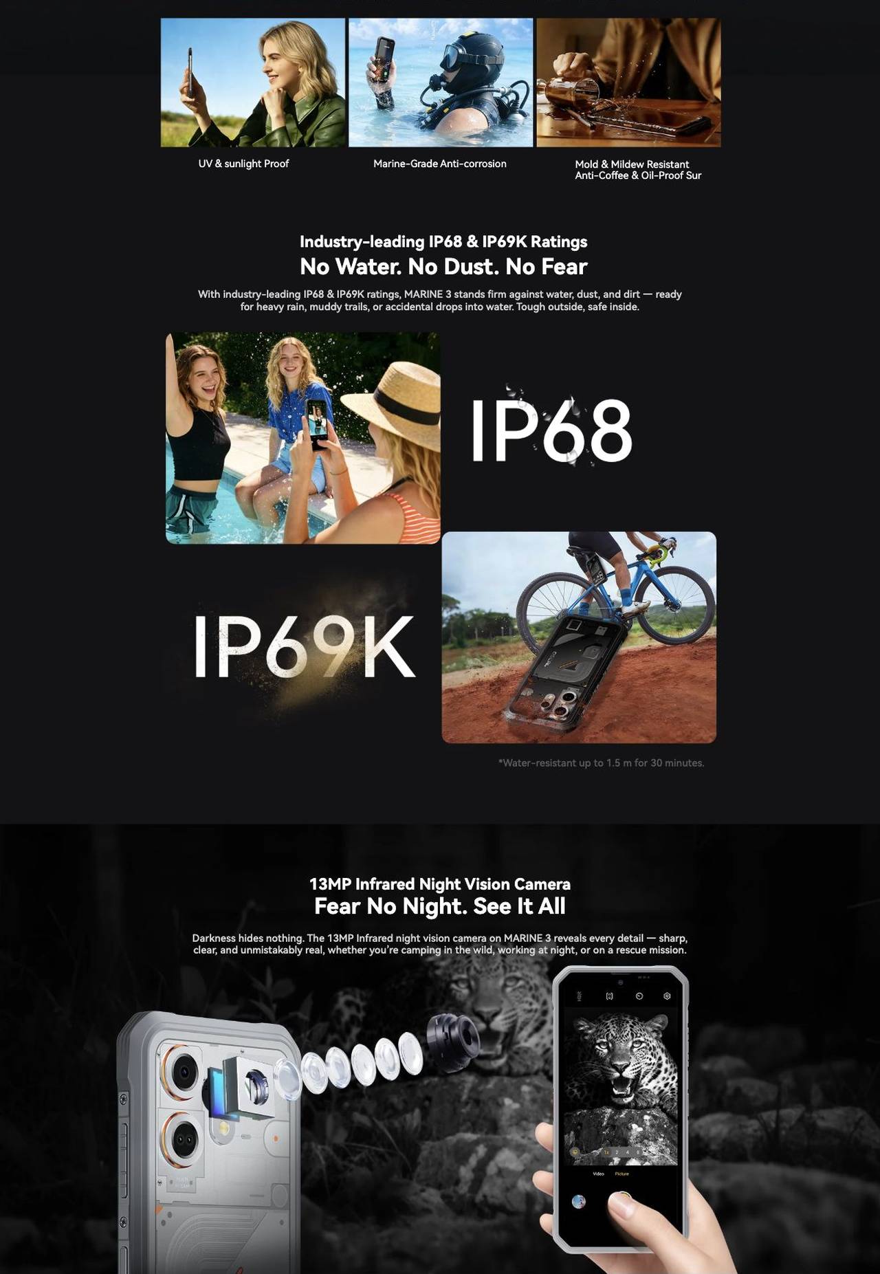 OSCAL MARINE 3 MARINE 3
Slimmer, Tougher, Smarter
6.56-inch 90Hz HD Display | Doke AI 2.0
Android 16 with DokeOS 5.0 | Infrared Night Vision
Industry-Leading
Rugged Performance
IP68
MIL-STD-810H