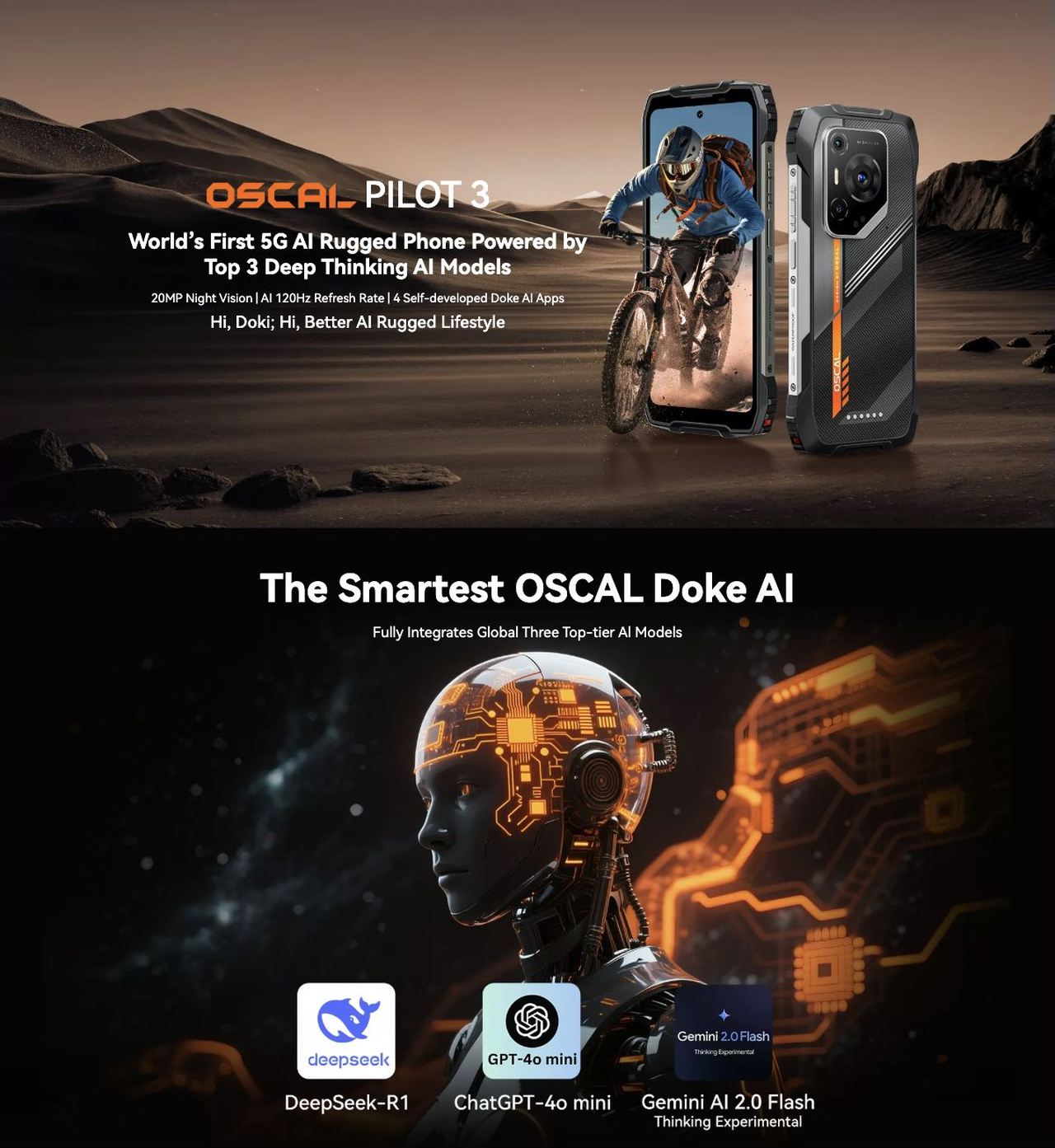 OSCAL PILOT 3 PILOT 3
World’s First 5G AI Rugged Phone Powered by
Top 3 Deep Thinking AI Models
20MP Night Vision | AI 120Hz Refresh Rate | 4 Self-developed Doke AI Apps
Hi, Doki; Hi, Better AI