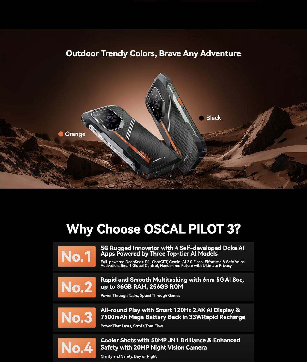 OSCAL PILOT 3 PILOT 3
World’s First 5G AI Rugged Phone Powered by
Top 3 Deep Thinking AI Models
20MP Night Vision | AI 120Hz Refresh Rate | 4 Self-developed Doke AI Apps
Hi, Doki; Hi, Better AI
