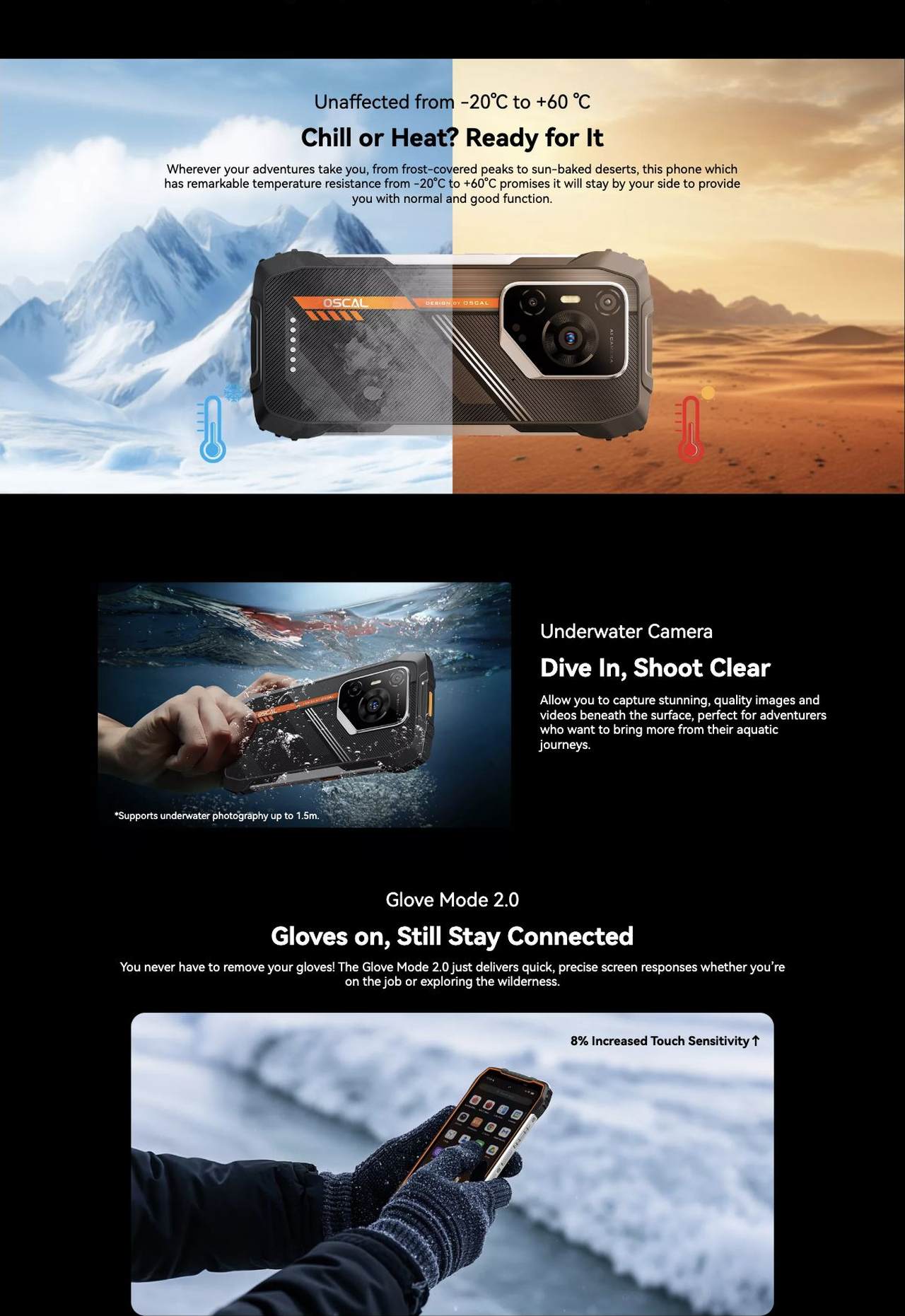 OSCAL PILOT 3 NO.5
Military-grade Durability with IP68 & IP69K Dual
Waterproof and Dust-proof Protection
Beyond the Standard: Tougher, Stronger, Better
Tougher, Stronger, No Limits
From its thic