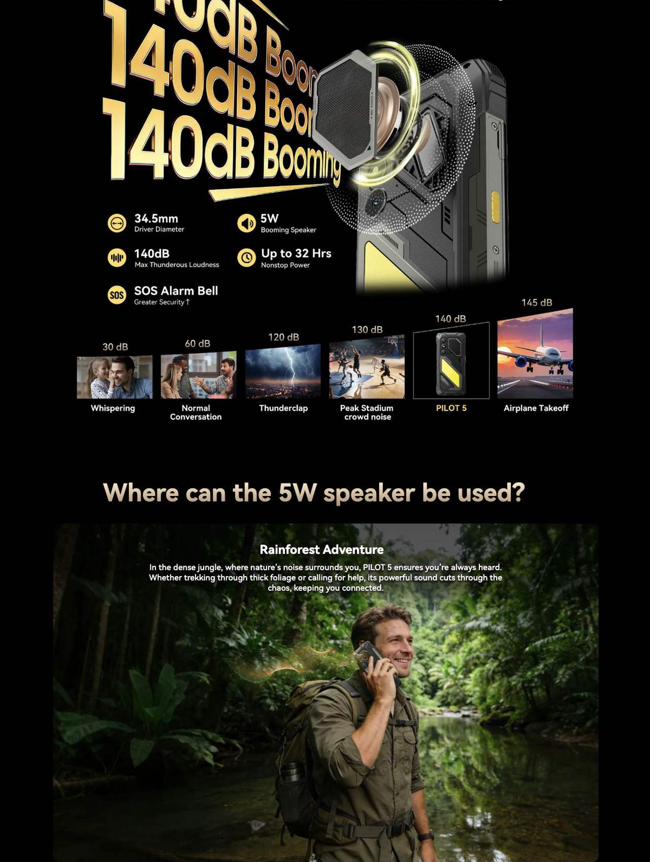 PILOT 5
Built Stronger. Powered Longer.
5W 140dB
Loudest Speaker
30m
Long-Range
Camping Light
15000mAh
Mega Battery
IP68/69K
Rugged Design
30m Ultra-Wide
Camping Light
5W
Loudest S