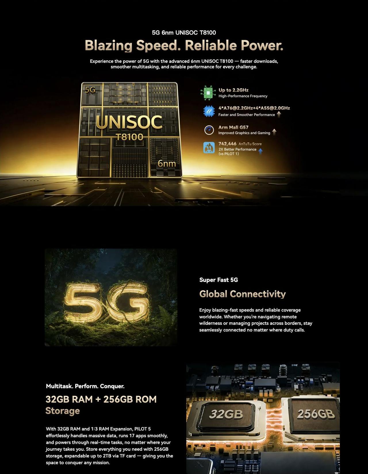 5G 6nm UNISOC T8100
Blazing Speed. Reliable Power.
Experience the power of 5G with the advanced 6nm UNISOC T8100 — faster downloads, smoother multitasking, and reliable performance