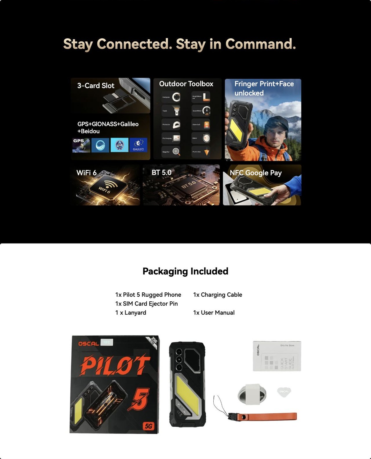 OSCAL PILOT 5 Stay Connected. Stay in Command.
3-Card Slot
GPS+GlONASS+Galileo
+Beidou
Outdoor Toolbox
Fringer Print+Face
unlocked
WiFi 6
BT 5.0
NFC Google Pay
Packaging Included
1x Pilot 5 Rugg