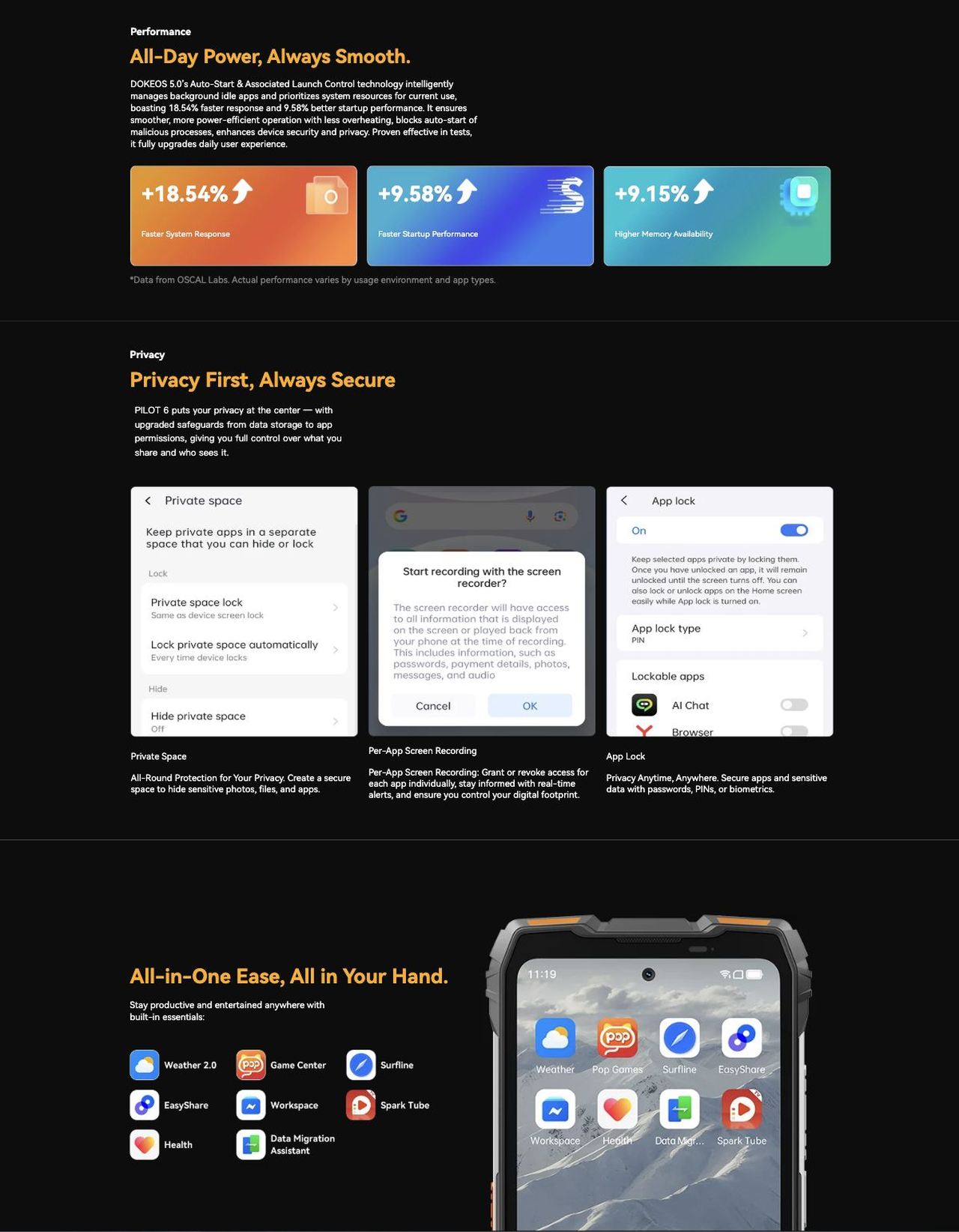 All-new DokeOS 5.0 (Android 16)
DokeOS 5.0
New Look. More Magic.
Now powered by DokeOS 5.0 (Android 16), PILOT 6 delivers a smoother, smarter, and more personalized experience. It