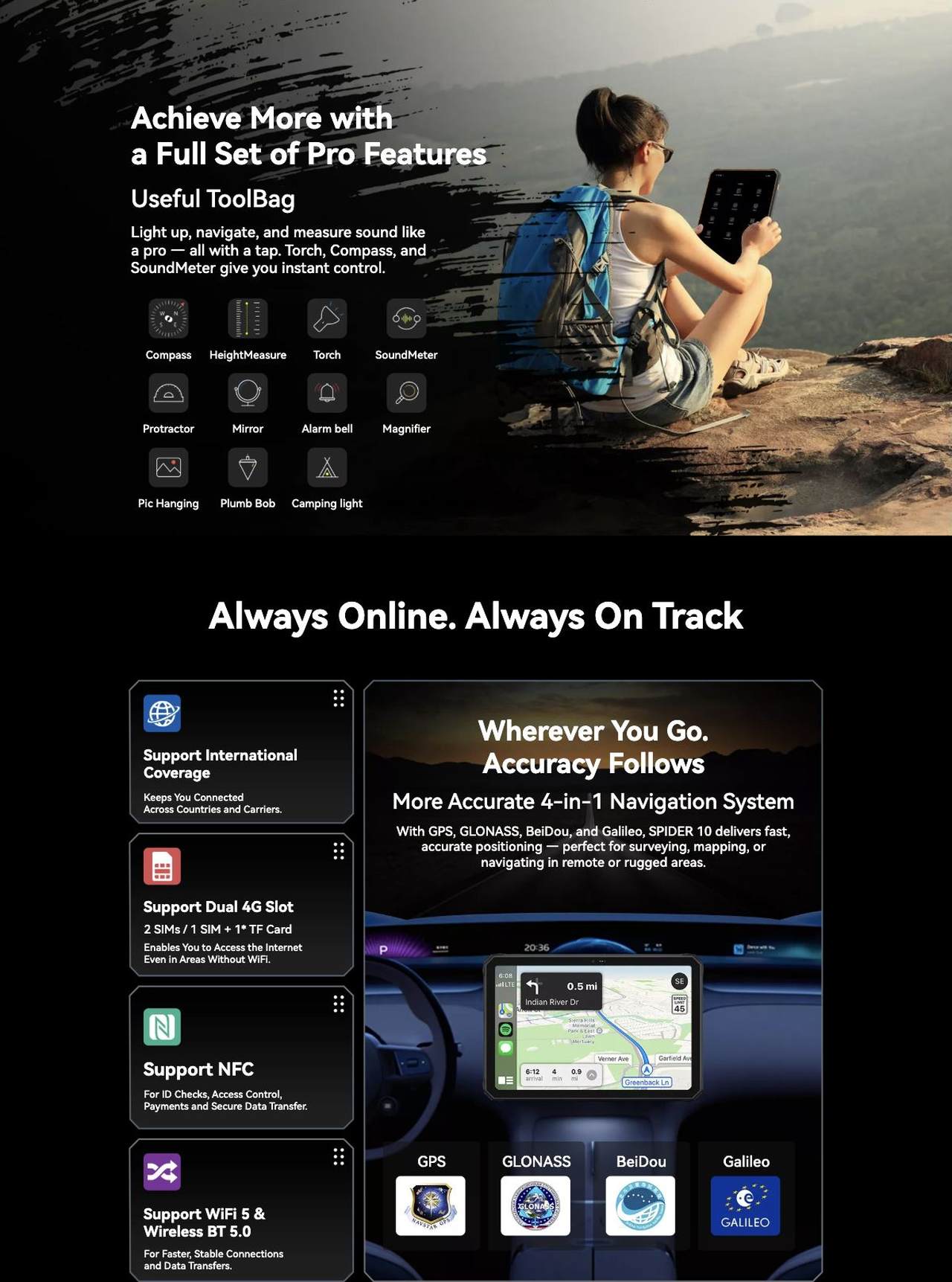 OSCAL Spider 10 Shortcut Key: One Touch Access
App
Video Record
Flashlight
Screenshot
Underwater Camera
Open File
SOS
Achieve More with
a Full Set of Pro Features
Useful ToolBag
Light up, navigate