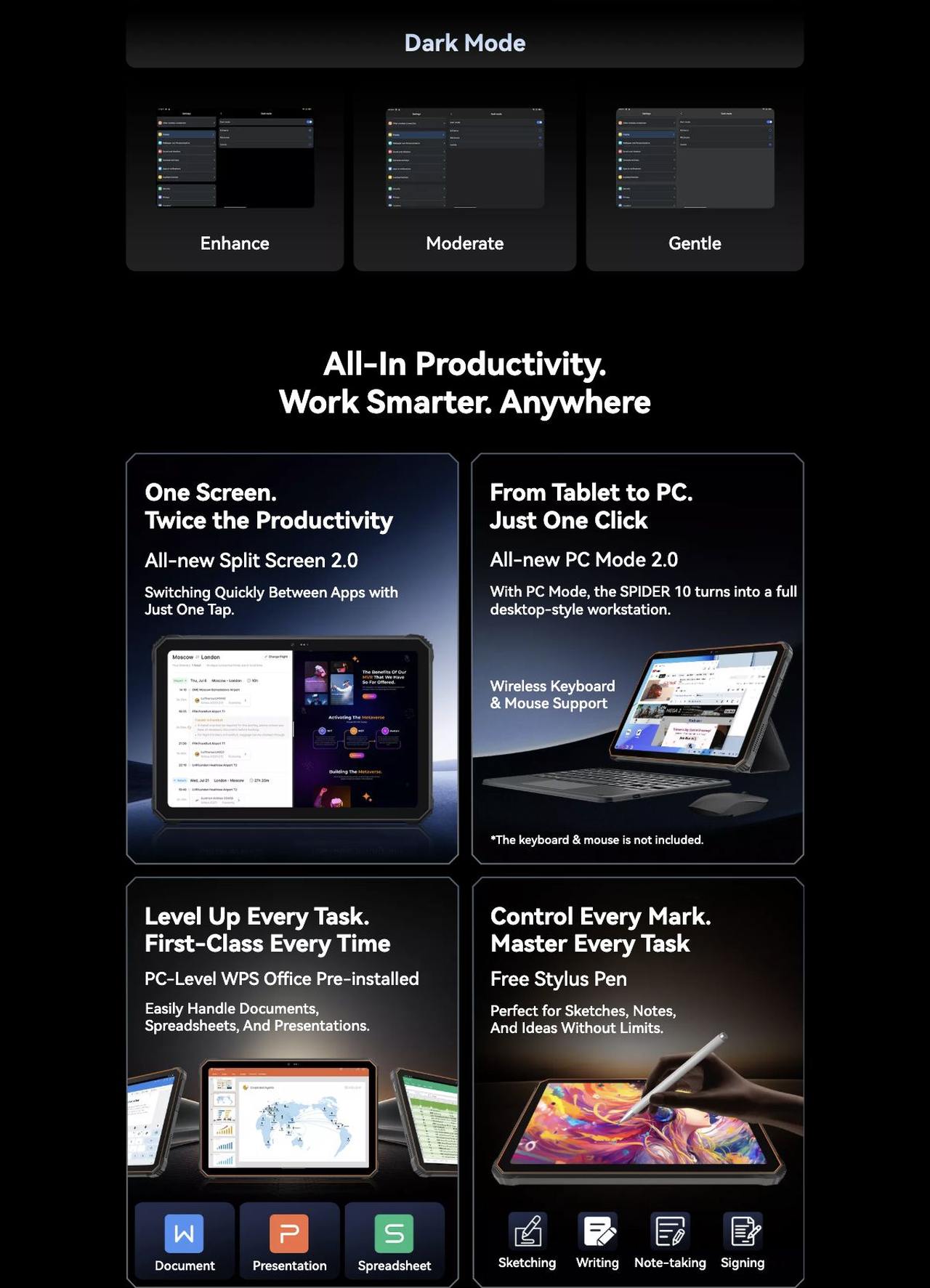OSCAL Spider 10 Shortcut Key: One Touch Access
App
Video Record
Flashlight
Screenshot
Underwater Camera
Open File
SOS
Achieve More with
a Full Set of Pro Features
Useful ToolBag
Light up, navigate