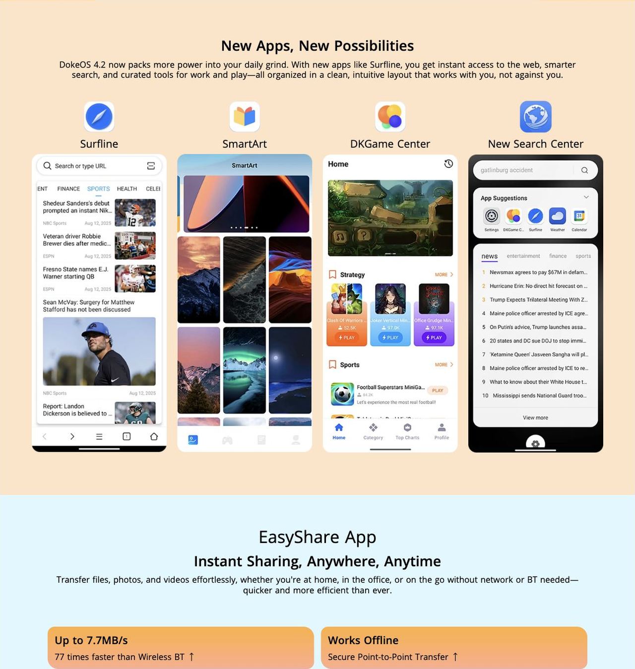 New Apps, New Possibilities
DokeOS 4.2 now packs more power into your daily grind. With new apps like Surfline, you get instant access to the web, smarter search, and curated tool