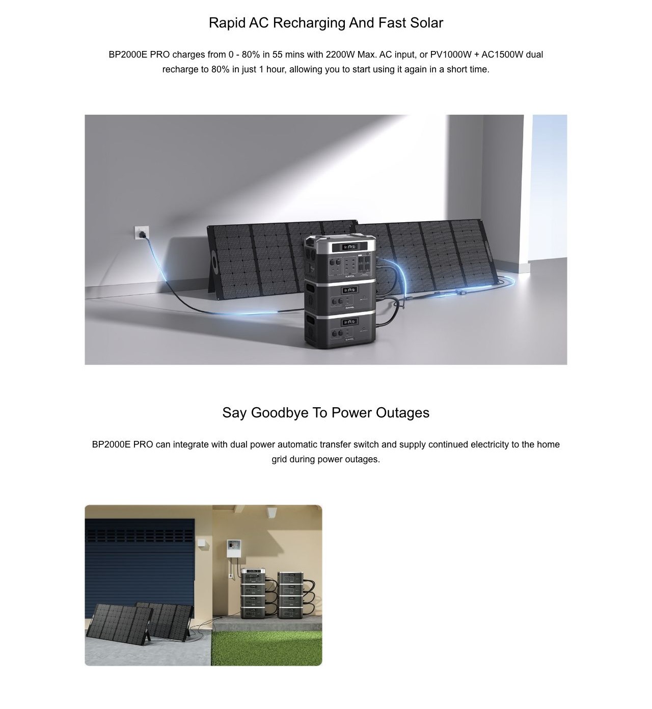 Rapid AC Recharging And Fast Solar BP2000E PRO charges from 0 - 80% in 55 mins with 2200W Max. AC input, or PV1000W + AC1500W dual recharge to 80% in just 1 hour, allowing you to start using it again in a short