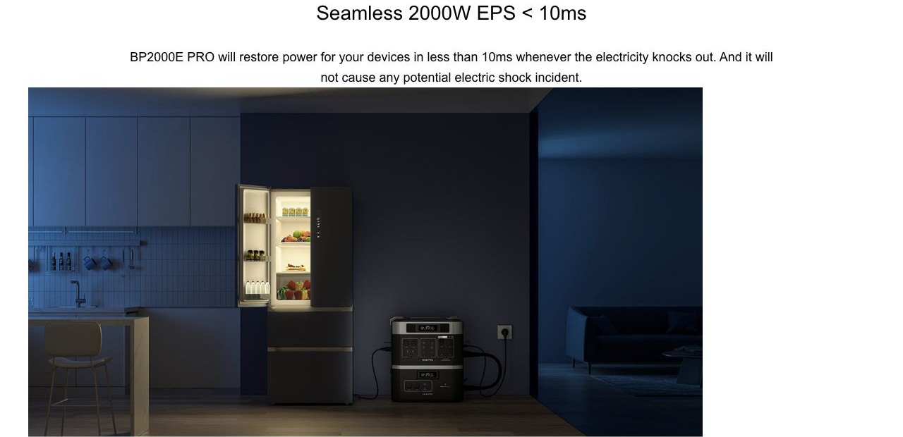 OUKITEL BP2000E Pro Portable Power Stations – Seamless 2000W EPS < 10ms BP2000E PRO will restore power for your devices in less than 10ms whenever the electricity knocks out. And it will not cause any potential electric shock incident.