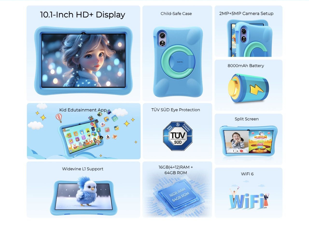 10.1-Inch HD+ Display Child-Safe Case 2MP+5MP Camera Setup 8000mAh Battery Kid Edutainment App TÜV SÜD Eye Protection Split Screen Widevine L1 Support 16GB(4+12)RAM + 64GB ROM WiFi 6