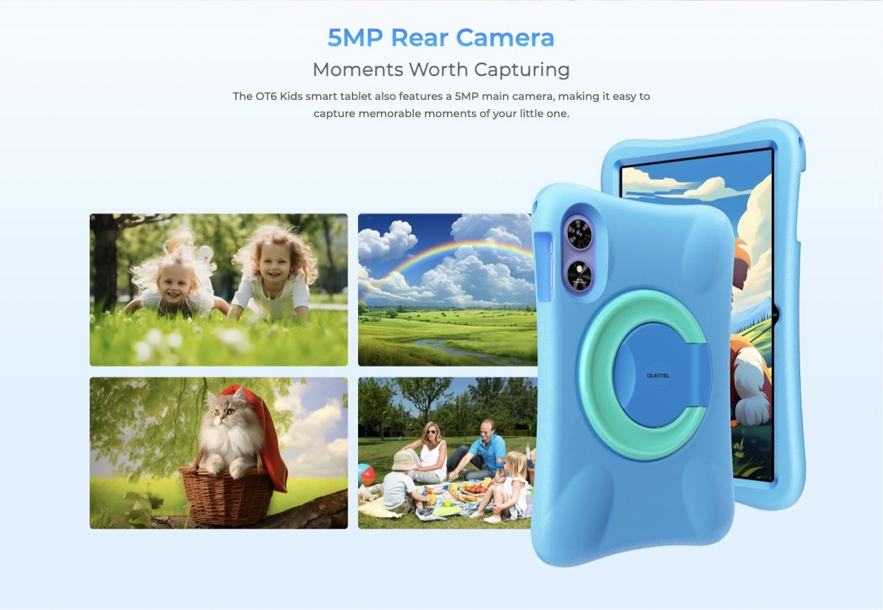 OUKITEL OT6 Kids Smart Tablets – 5MP Rear Camera Moments Worth Capturing The OT6 Kids smart tablet also features a 5MP main camera, making it easy to capture memorable moments of your little one.