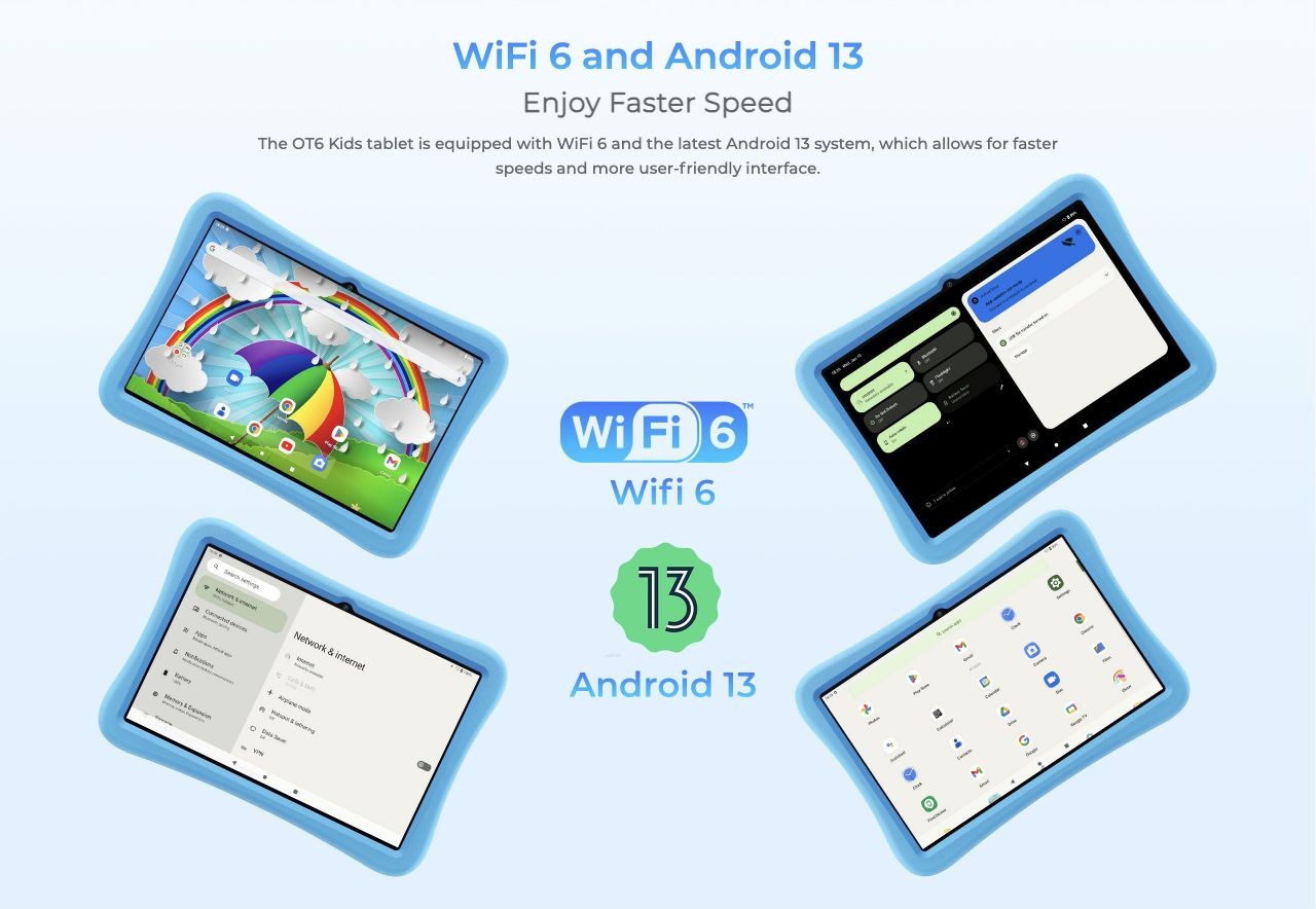OUKITEL OT6 Kids Smart Tablets – WiFi 6 and Android 13 Enjoy Faster Speed The OT6 Kids tablet is equipped with WiFi 6 and the latest Android 13 system, which allows for faster speeds and more user-friendly interface.