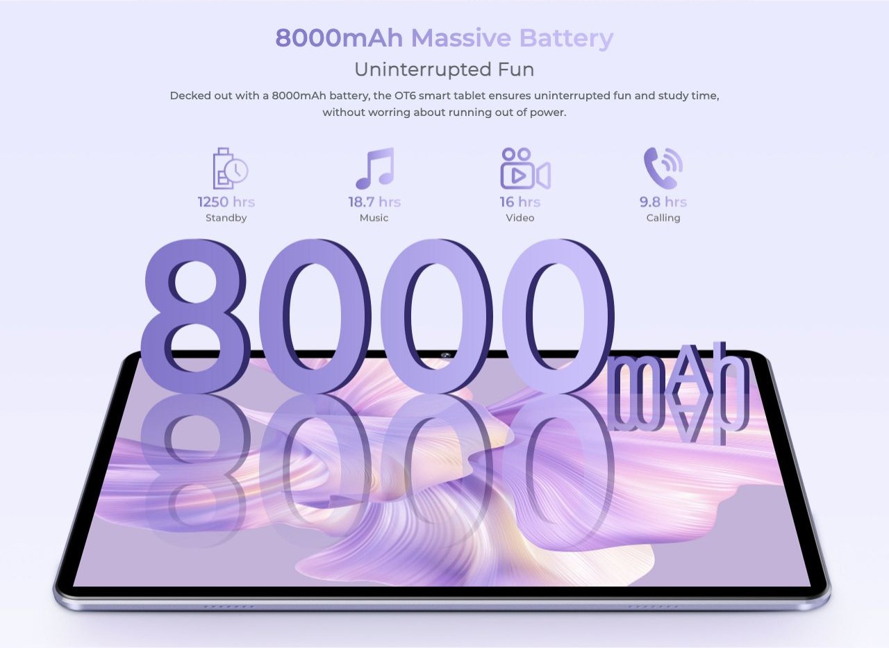 OUKITEL OT6 Smart Tablets – 8000mAh Massive Battery Uninterrupted Fun Decked out with a 8000mAh battery, the OT6 smart tablet ensures uninterrupted fun and study time, without worring about running out of power.