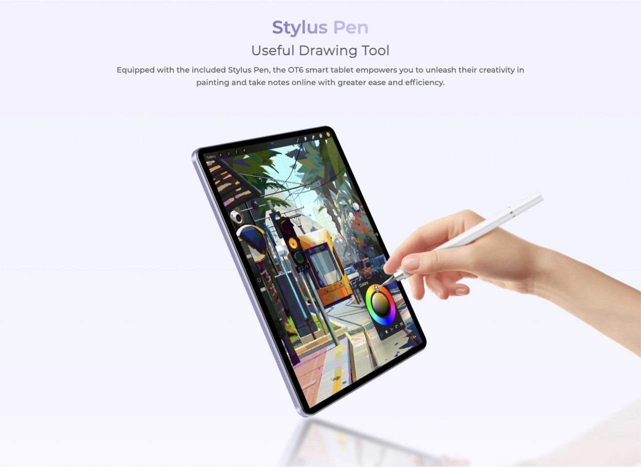 OUKITEL OT6 Smart Tablets – Stylus Pen Useful Drawing Tool Equipped with the included Stylus Pen, the OT6 smart tablet empowers you to unleash their creativity in painting and take notes online with greater ease and efficiency.