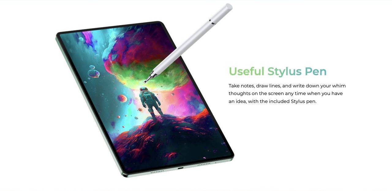 OUKITEL OT8 Smart Tablets – Useful Stylus Pen Take notes, draw lines, and write down your whim thoughts on the screen any time when you have an idea, with the included Stylus pen.