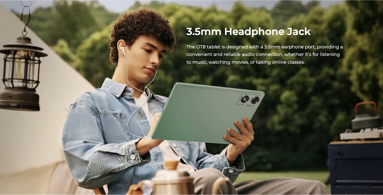 3.5mm Headphone Jack The OT8 tablet is designed with a 3.5mm earphone port, providing a convenient and reliable audio connection, whether it's for listening to music, watching movies, or taking online classes.