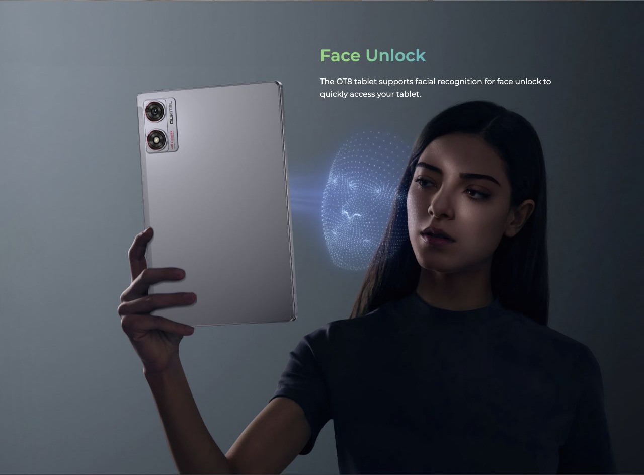 OUKITEL OT8 Smart Tablets – Face Unlock The OT8 tablet supports facial recognition for face unlock to quickly access your tablet.