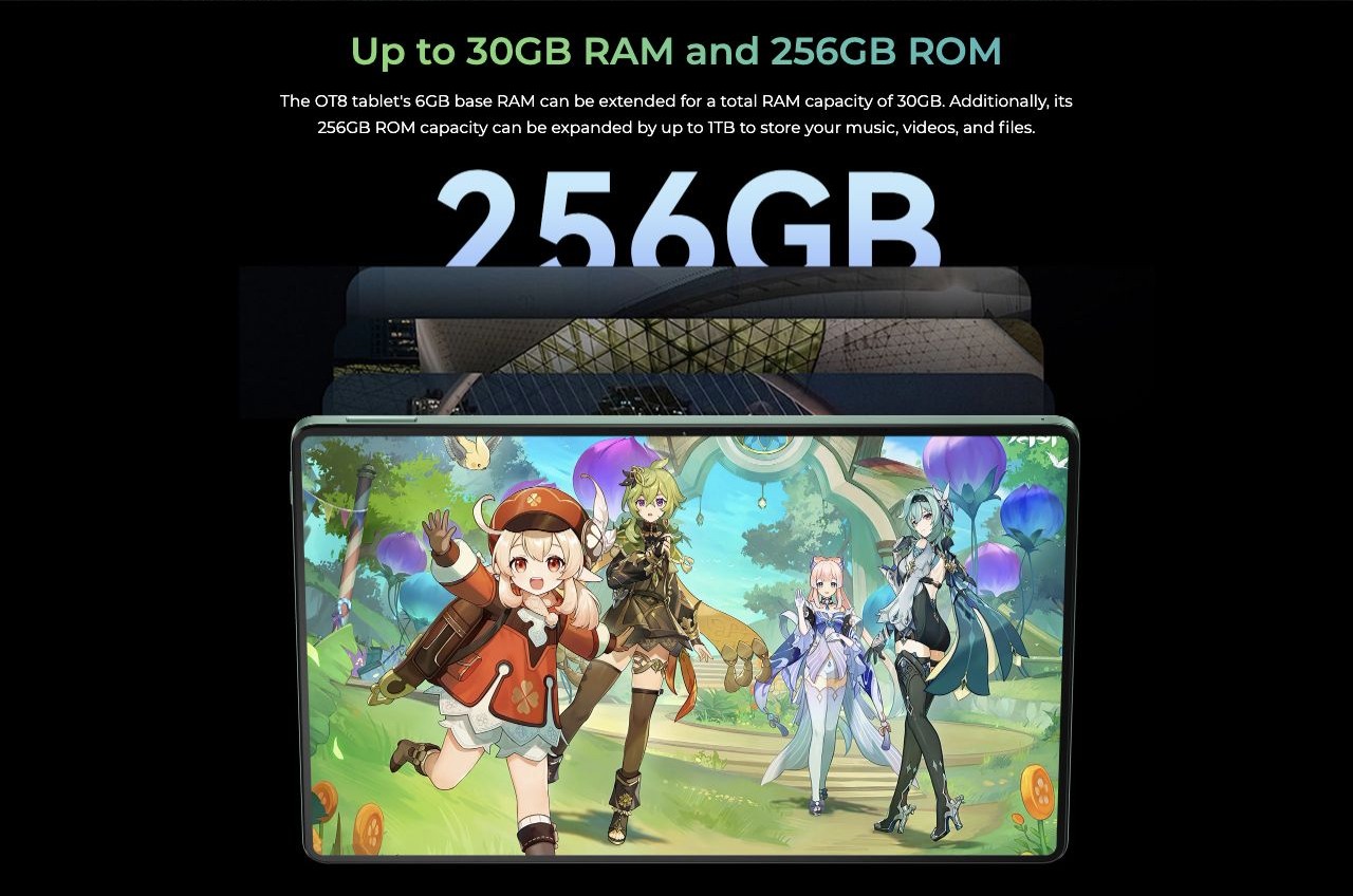 OUKITEL OT8 Smart Tablets – Up to 30GB RAM and 256GB ROM The OT8 tablet's 6GB base RAM can be extended for a total RAM capacity of 30GB. Additionally, its 256GB ROM capacity can be expanded by up to 1TB to store your music, videos, and files.