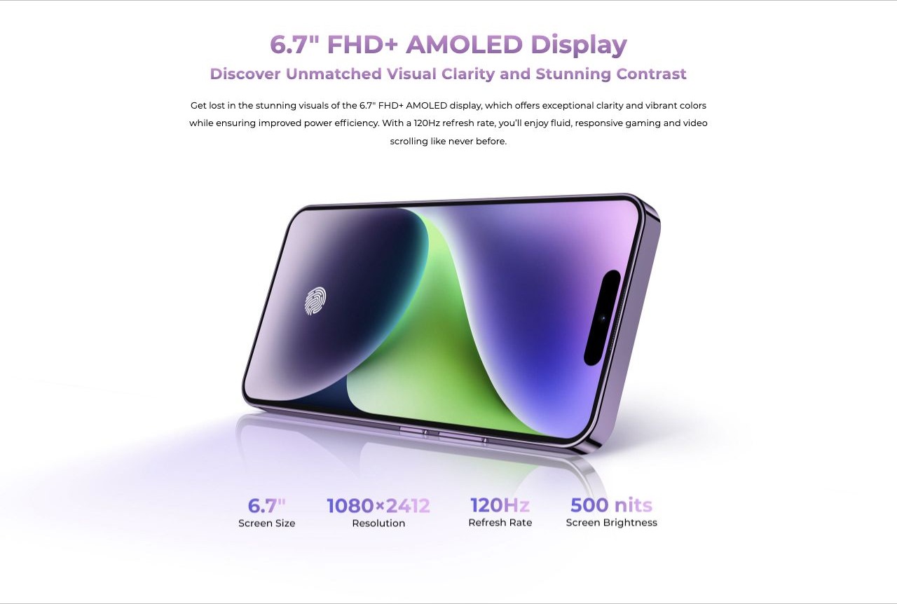 OUKITEL P1 Smartphones – 6.7" FHD+ AMOLED Display Discover Unmatched Visual Clarity and Stunning Contrast Get lost in the stunning visuals of the 6.7" FHD+ AMOLED display, which offers exceptional clarity and vibrant colors while ensuring improved power effi